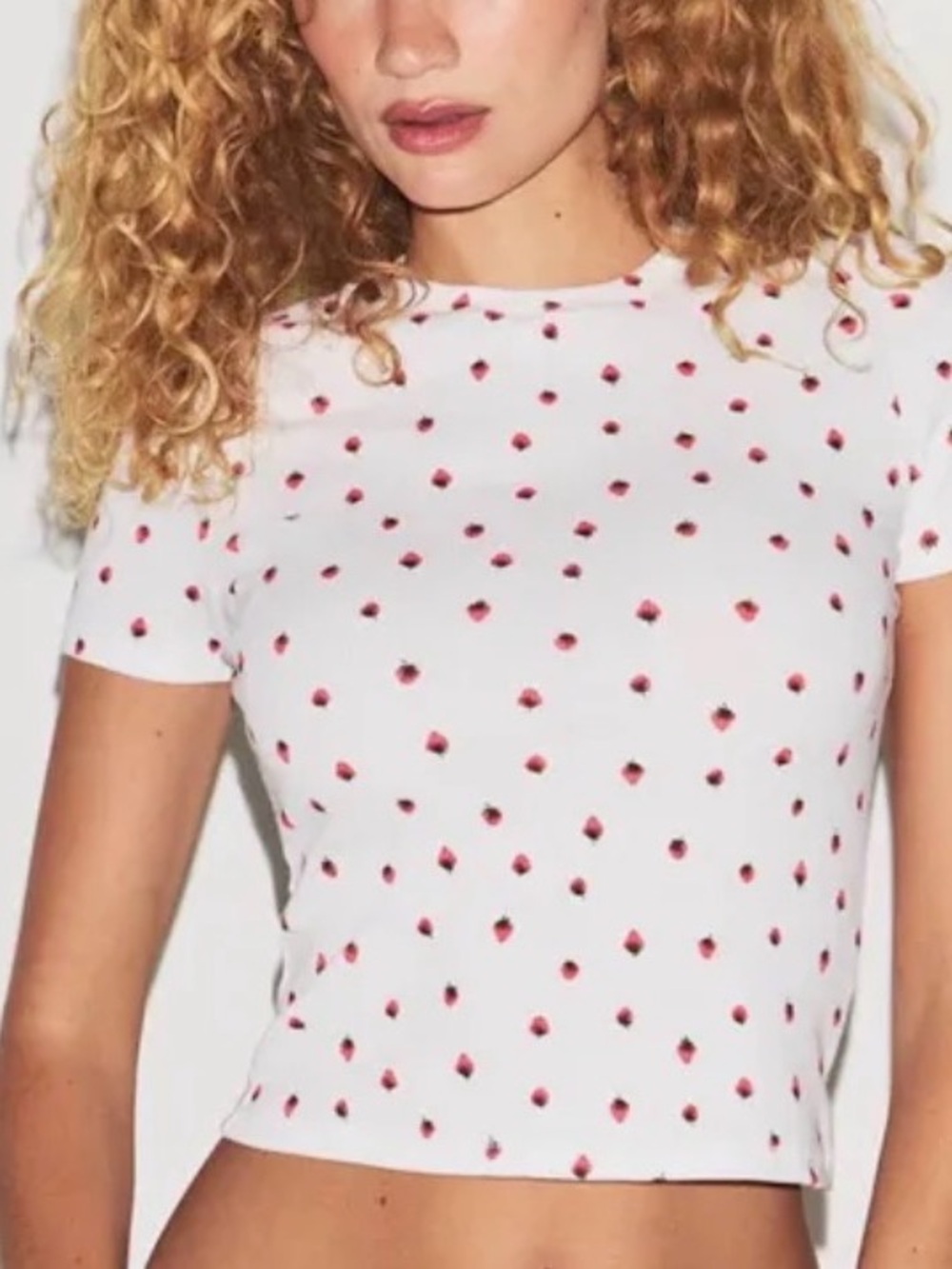 Skims Cotton Ribbed T-Shirt in Snow Strawberry Print Size-XL